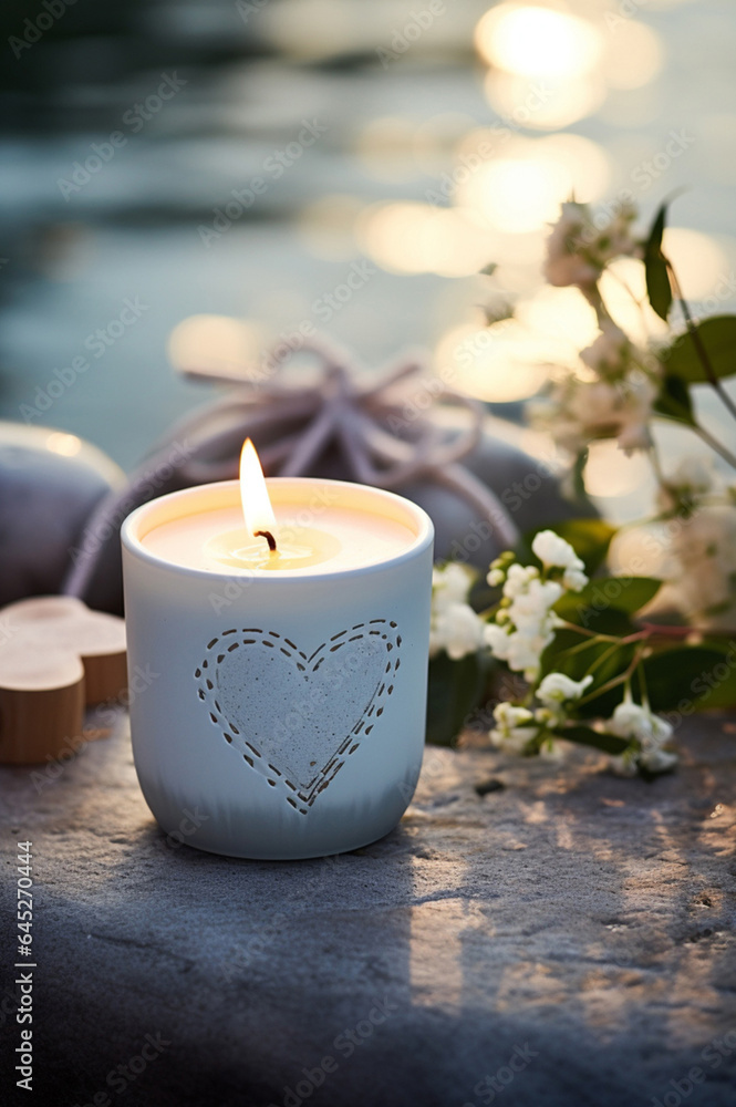 White lit aroma candle, heart and greens. Generative AI White lit aroma candle, heart and greens. Generative AI