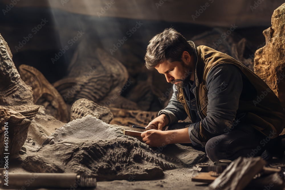 Amidst layers of ancient rock, a focused paleontologist gently excavates a fossil, hoping to unravel secrets from Earth's prehistoric past - obrazy, fototapety, plakaty 