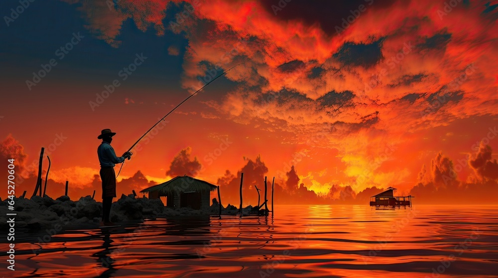 Fisherman's silhouette is outlined by a breathtaking sunrise while fishing, hooks, fisherwoman, echo sounder, sterlet, worms, rubber boots, trout. Generated by AI. Fisherman's silhouette is outlined by a breathtaking sunrise while fishing, hooks, fisherwoman, echo sounder, sterlet, worms, rubber boots, trout. Generated by AI.