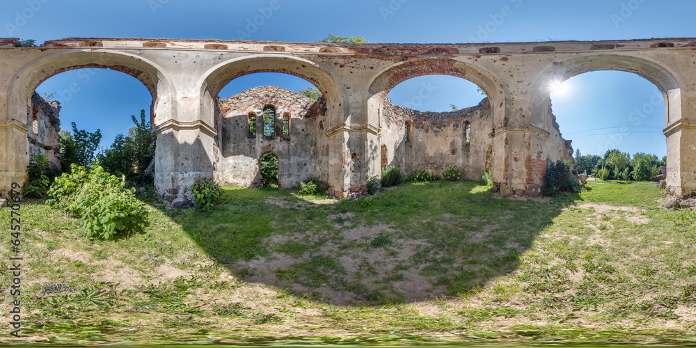 full seamless spherical hdri 360 panorama inside ruined abandoned church with arches without roof in equirectangular projection with zenith and nadir, ready for  VR virtual reality content