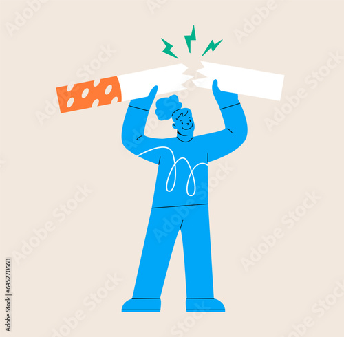 Woman breaking big cigarette. Health concept. Colorful vector illustration