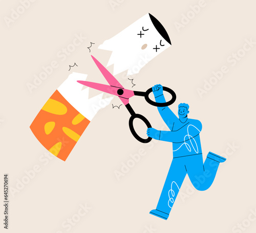 Man holding a scissors to cut a cigarette. Colorful vector illustration