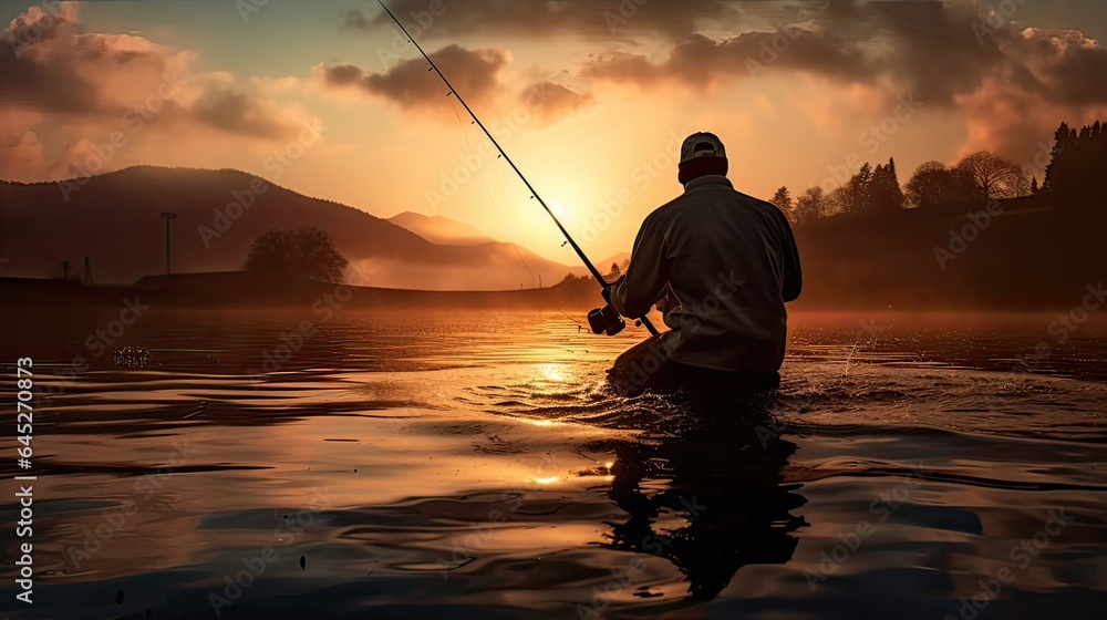 Fisherman expertly employs a baitcasting reel for precision casting, luck, perch, ocean, lure, ruff, herring, rest, whale, sport, net, nature, roach. Generated by AI.