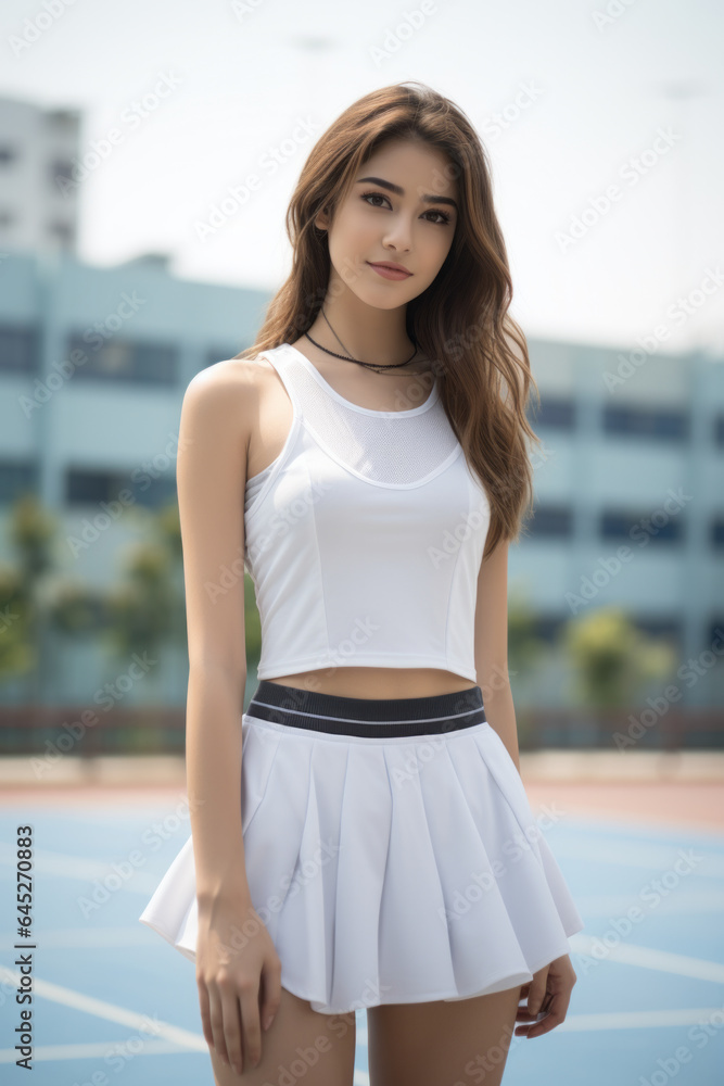 Portrait of a beautiful young asian woman wearing a white tennis player outfit with sports top and pleated mini skirt - obrazy, fototapety, plakaty 