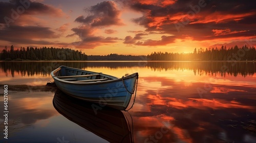 Fishing boat rests on a calm lake, under the mesmerizing spell of a picturesque sunset, inflatable boat, fish, swimming, motorboat, canoe, sail, yacht, fishing rod. Generated by AI.