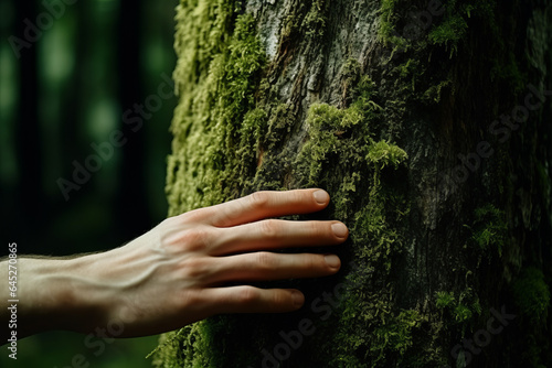 Hand delicately touching moss on a large tree trunk, reflecting a profound connection with nature and environmental responsibility © Keitma