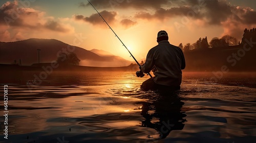 Fisherman expertly employs a baitcasting reel for precision casting, luck, perch, ocean, lure, ruff, herring, rest, whale, sport, net, nature, roach. Generated by AI. photo