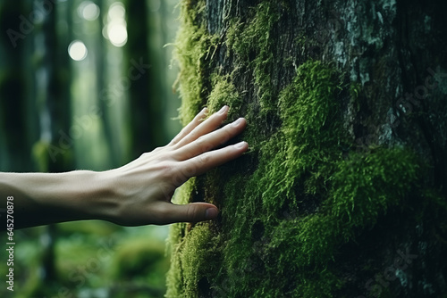 Hand delicately touching moss on a large tree trunk, reflecting a profound connection with nature and environmental responsibility © Keitma