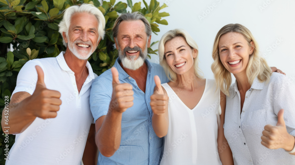 Group of caucasian middle-aged men and mature woman thumbing up and smiling at the camera happily , positive people background Group of caucasian middle-aged men and mature woman thumbing up and smiling at the camera happily , positive people background