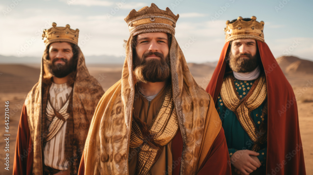 Three people costumed as the three wise men Caspar, Melchior, and Balthasar , sand desert background