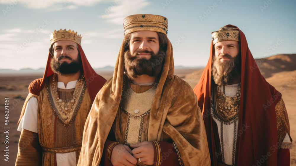 Three people costumed as the three wise men Caspar, Melchior, and Balthasar , sand desert background
