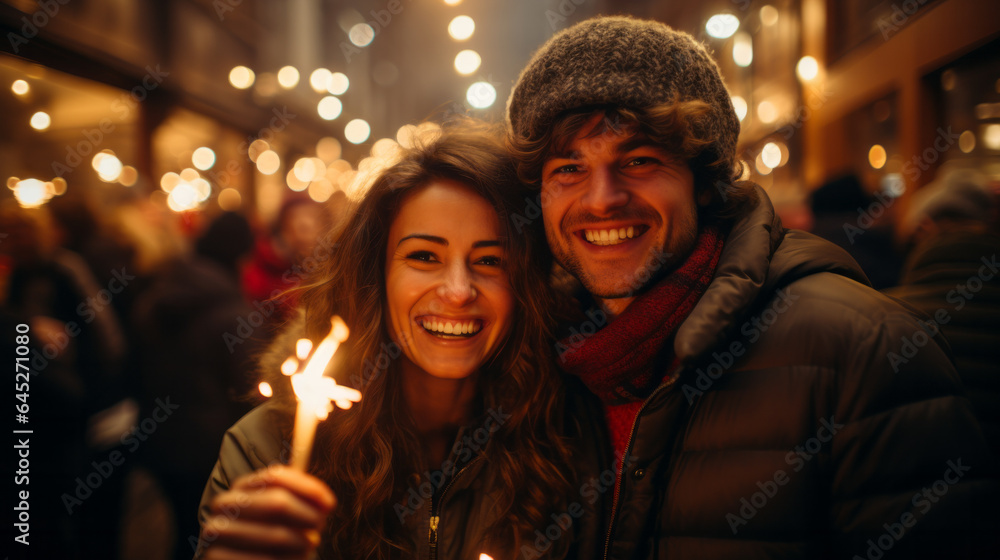 Two people young couple holding up sparklers with light background, festive new year atmosphere