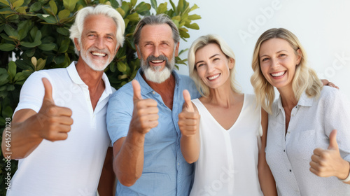Group of caucasian middle-aged men and mature woman thumbing up and smiling at the camera happily , positive people background