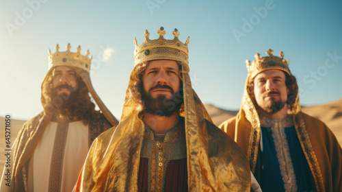 Fényképezés Three people costumed as the three wise men Caspar, Melchior, and Balthasar , sa