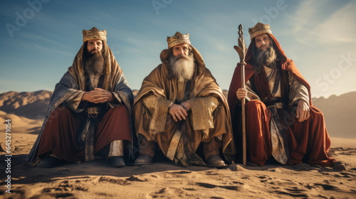 Fotografie, Obraz Three people costumed as the three wise men Caspar, Melchior, and Balthasar , sa