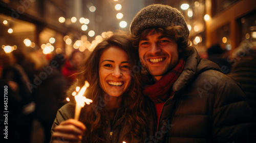 Two people young couple holding up sparklers with light background, festive new year atmosphere