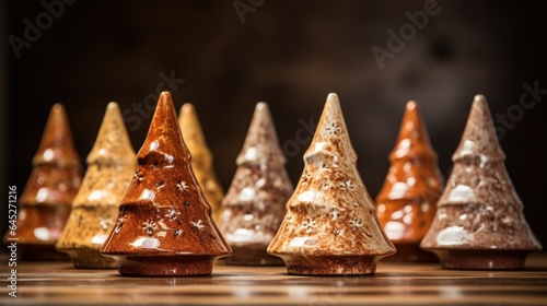 Eco-friendly brown clay ceramic earthy tones alternative Christmas tree. Natural materials brown decorative small clay xmas trees background