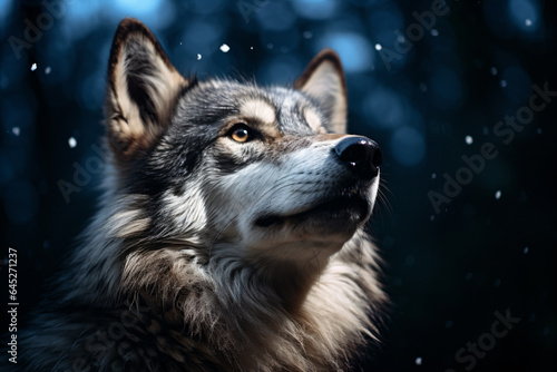 a wolf looks up at the sky in the snow