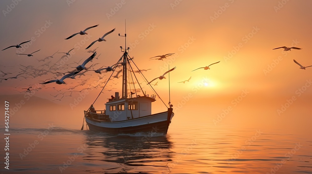 Fishing boat embarks on a mist-covered lake at the break of dawn, fishing rod, wave, pier, rowing, current, pond, life jacket, herring, canoe, kayak. Generated by AI.