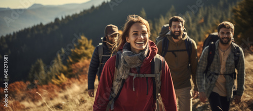 Banner with young energetic group exploring wilderness , hikers enjoying mountain trail and adventure background