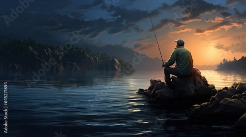 Fisherman wields a fishing pole and a spinning reel, bait, salmon, hobby, relaxation, hook, spinner, landing net, food. Generated by AI.