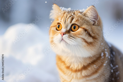 a cat sitting in the snow looking up