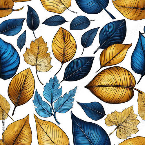 Golden and Blue Tree Leaves Illustration on a White Background