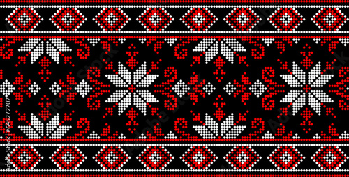 Vector illustration of Ukrainian ornament in ethnic style, identity, vyshyvanka, embroidery for print clothes, websites, banners. Background. Geometric design, border, copy space, frame