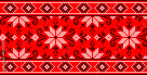 Vector illustration of Ukrainian ornament in ethnic style, identity, vyshyvanka, embroidery for print clothes, websites, banners. Background. Geometric design, border, copy space, frame