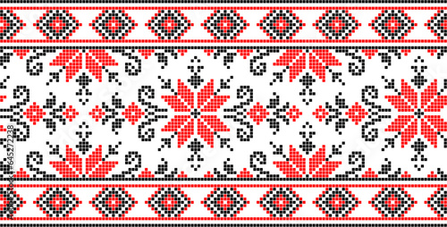 Vector illustration of Ukrainian ornament in ethnic style, identity, vyshyvanka, embroidery for print clothes, websites, banners. Background. Geometric design, border, copy space, frame