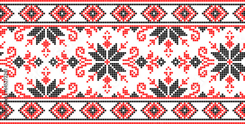 Vector illustration of Ukrainian ornament in ethnic style, identity, vyshyvanka, embroidery for print clothes, websites, banners. Background. Geometric design, border, copy space, frame