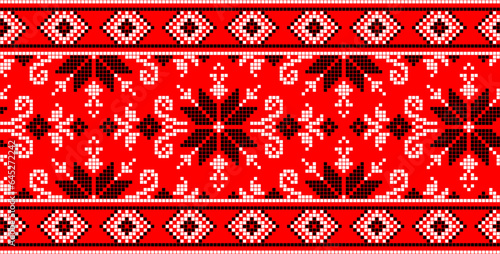 Vector illustration of Ukrainian ornament in ethnic style, identity, vyshyvanka, embroidery for print clothes, websites, banners. Background. Geometric design, border, copy space, frame