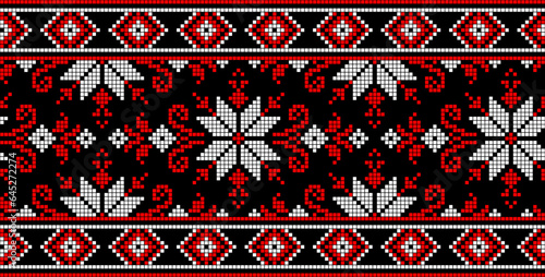 Vector illustration of Ukrainian ornament in ethnic style, identity, vyshyvanka, embroidery for print clothes, websites, banners. Background. Geometric design, border, copy space, frame