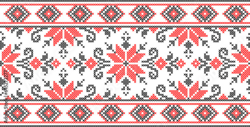 Vector illustration of Ukrainian ornament in ethnic style, identity, vyshyvanka, embroidery for print clothes, websites, banners. Background. Geometric design, border, copy space, frame