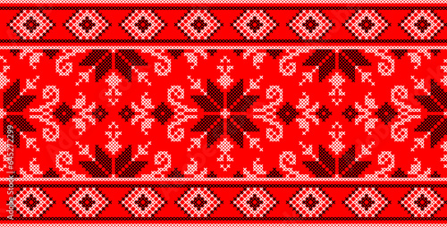 Vector illustration of Ukrainian ornament in ethnic style, identity, vyshyvanka, embroidery for print clothes, websites, banners. Background. Geometric design, border, copy space, frame