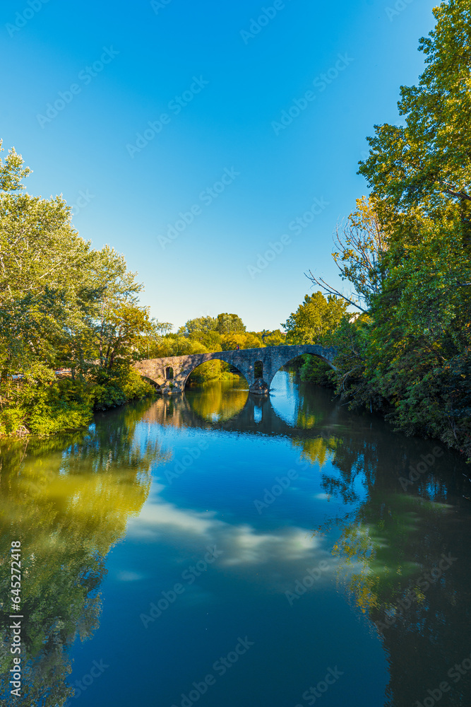 Scenic view of the Arga River featuring Saint Peter's bridge landmark in the Saint James' Way, Pamplona, Navarra, Spain