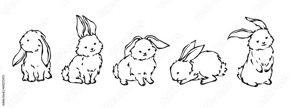 A set of sketches, doodles of little rabbits, bunnies. Vector graphics.