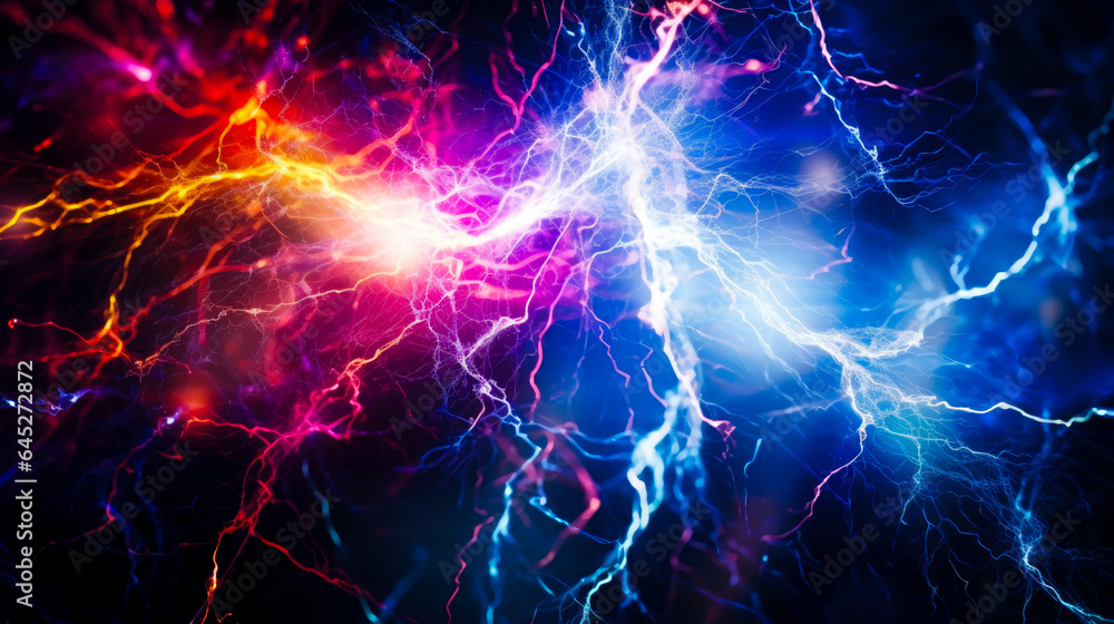 Obraz premium Electric sparks in blue and orange tones on a black background. Concept of electricity, energy and the spark of life.