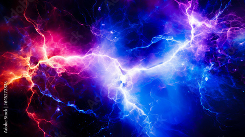 Electric sparks in blue and orange tones on a black background. Concept of electricity, energy and the spark of life.