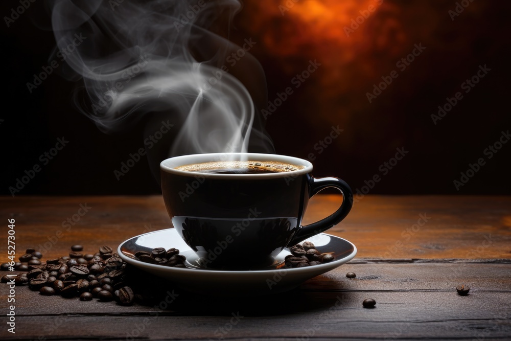 Cup of steaming hot coffee on wooden table and scattered coffee beans Cup of steaming hot coffee on wooden table and scattered coffee beans