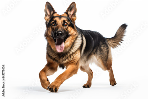 a german shepherd dog running with its tongue out