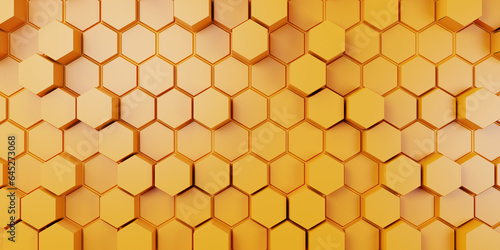 Fototapeta Naklejka Na Ścianę i Meble -  3d render, yellow orange honeycomb wall texture, yellow orange hexagon clusters digital illustration, abstract geometric background