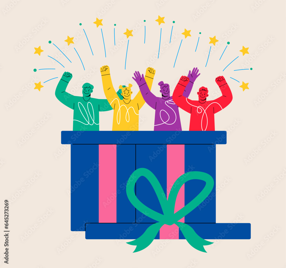 Group of people in gift box. Celebration Christmas, New Year. Colorful vector illustration Group of people in gift box. Celebration Christmas, New Year. Colorful vector illustration