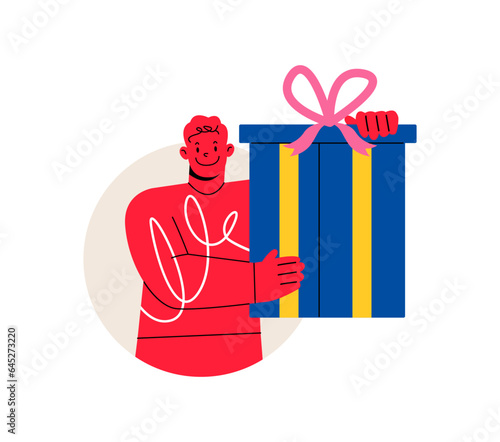 Man holding gift box in hands. Colorful vector illustration