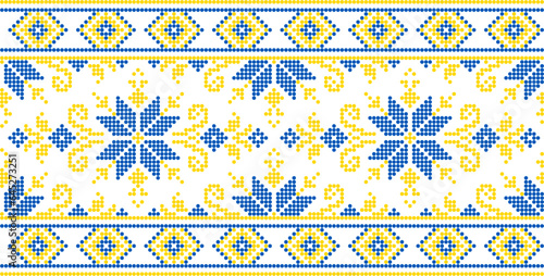 Vector illustration of Ukrainian ornament in ethnic style, identity, vyshyvanka, embroidery for print clothes, websites, banners. Background. Geometric design, border, copy space, frame