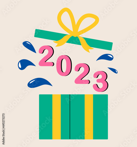 Happy New Year 2023. Open gifts box number sign 2023. Colorful vector illustration