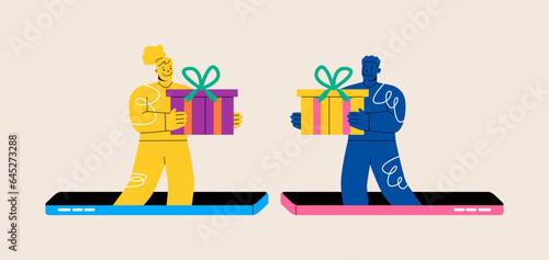 Woman and man giving gift box, present in smartphone mobile app. Celebrating christmas, Happy new year, Birthday, Holiday. Colorful vector illustration