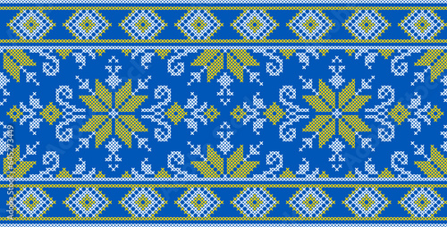 Vector illustration of Ukrainian ornament in ethnic style, identity, vyshyvanka, embroidery for print clothes, websites, banners. Background. Geometric design, border, copy space, frame