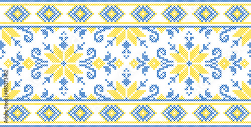 Vector illustration of Ukrainian ornament in ethnic style, identity, vyshyvanka, embroidery for print clothes, websites, banners. Background. Geometric design, border, copy space, frame