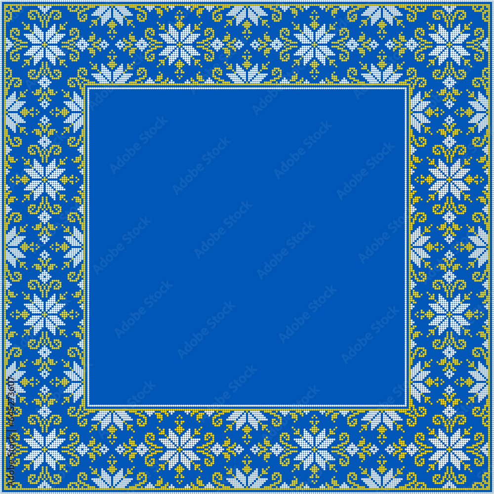 Obraz premium Vector illustration of Ukrainian ornament in ethnic style, identity, vyshyvanka, embroidery for print clothes, websites, banners. Background. Geometric design, border, copy space, frame